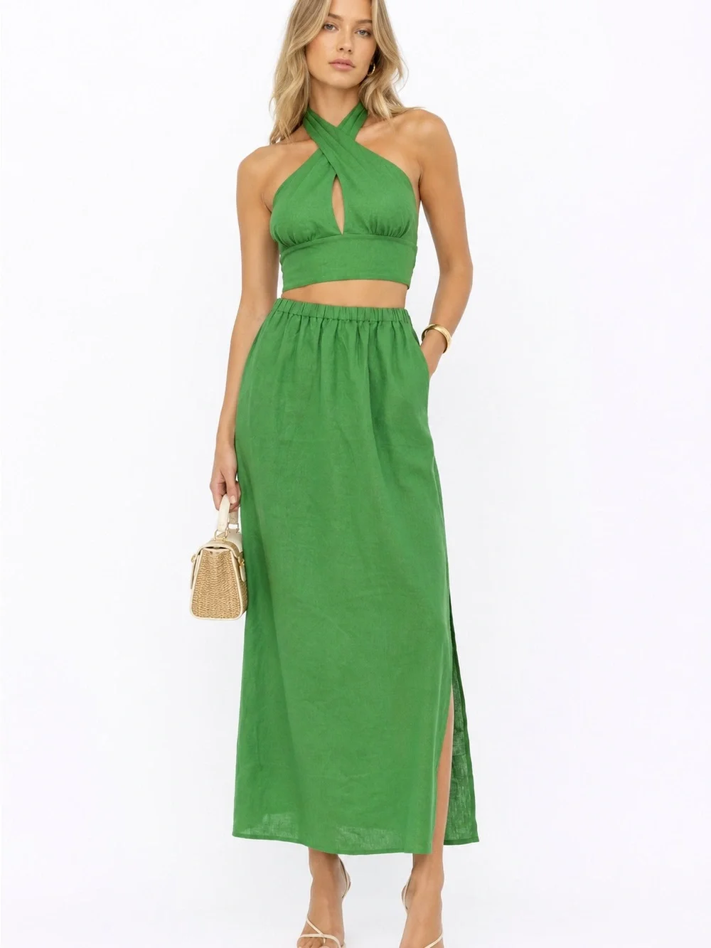 Reformation Kelly Green Linen Tulin Top & Skirt Set, Size 8 Top / Size 4 Skirt